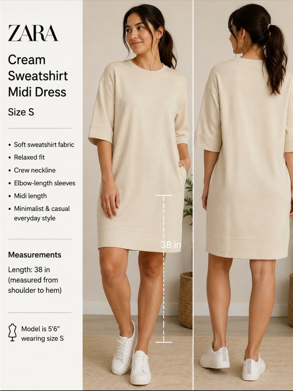 Zara Cream Sweatshirt Midi Dress Size S